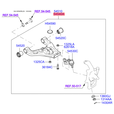 Важіль підвіски колеса правий 54520-3E100 Mobis - 545203E100 - схема з каталогу 54540A, KKMAPBL06 545203E100