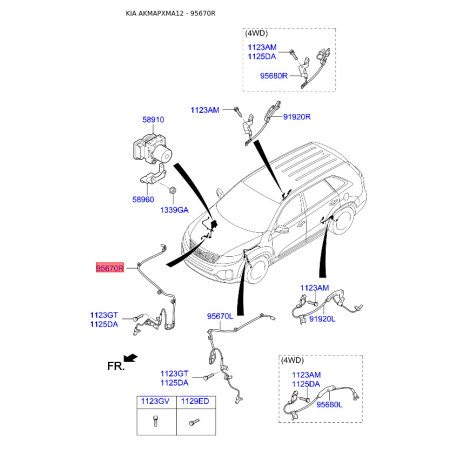 Датчик частоти обертання колеса (ABS) передній правий 95671-2W000 Mobis - 956712W000 - схема з каталогу 95670R, AKMAPXMA12 956712W000