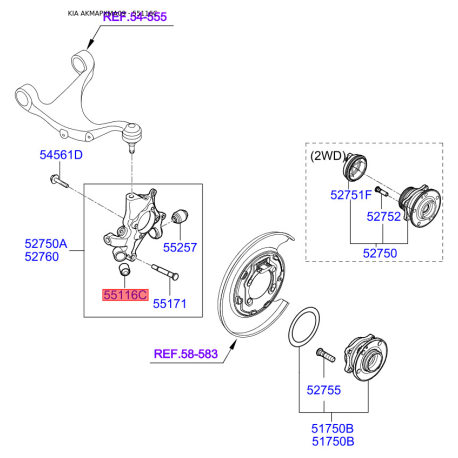 Сайлентблок заднего поперечного рычага внутренний 55118-2B000 Mobis - 551182B000 - схема с каталога 55116C, AKMAPXMA09 551182B000