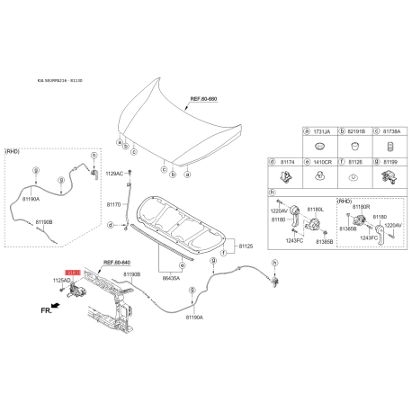 Замок капота 81130-A2000 Mobis - 81130A2000 - схема з каталогу 81130, SEURPA216 81130A2000