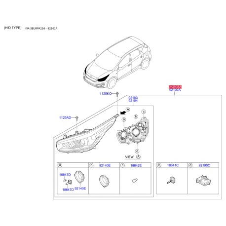 Фара основная левая 92101-A2000 Mobis - 92101A2000 - схема с каталога 92101A, SEURPA216 92101A2000