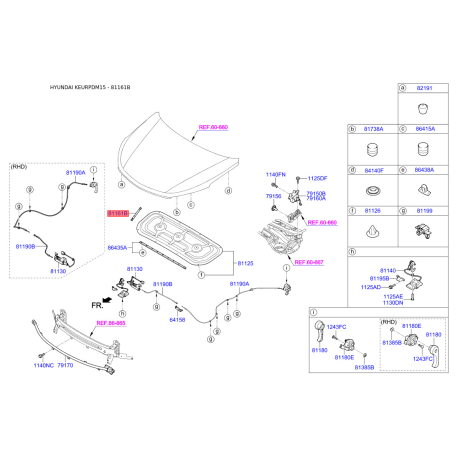 Газовая пружина, капот 81161-2W000 Mobis - 811612W000 - схема с каталога 81161B, KEURPDM15 811612W000