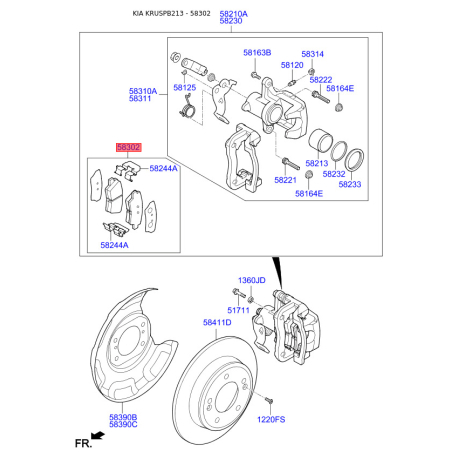 Колодки тормозные дисковые комплект 58302-B2A10 Mobis - 58302B2A10 - схема с каталога 58302, KRUSPB213 58302B2A10