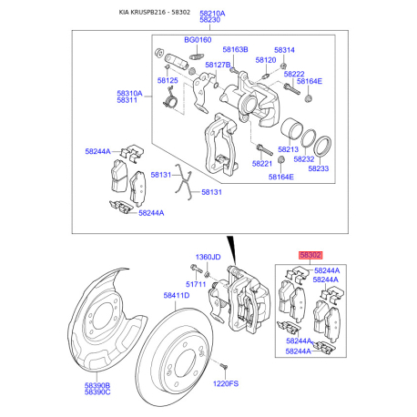 Колодки тормозные дисковые комплект 58302-B2A70 Mobis - 58302B2A70 - схема с каталога 58302, KRUSPB216 58302B2A70