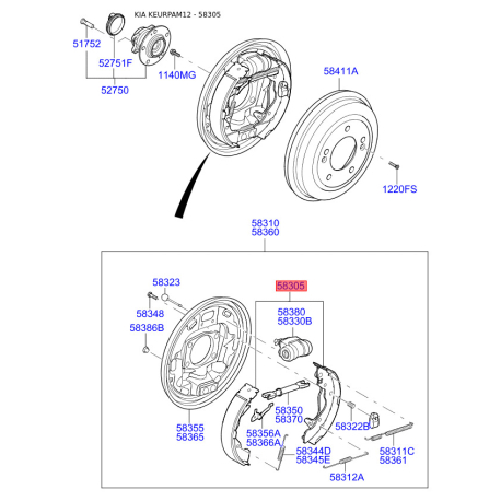 Колодки тормозные комплект 58350-2KA00 Mobis - 583502KA00 - схема с каталога 58305, KEURPAM12 583502KA00
