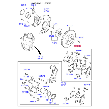 Колодки гальмівні дискові комплект 58101-2KA10 Mobis - 581012KA10 - схема з каталогу 58101B, KEURPAM12 581012KA10
