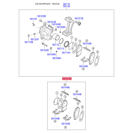 Колодки тормозные дисковые комплект 58101-1FE01 Mobis - 581011FE01 - схема с каталога 58101B, KEURPFQ04 581011FE01
