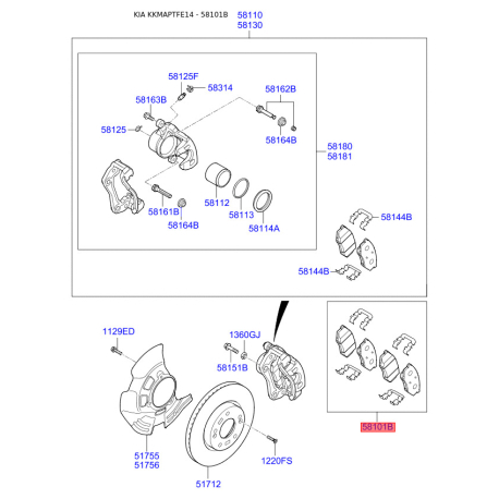 Колодки гальмівні дискові комплект 58101-3QA50 Mobis - 581013QA50 - схема з каталогу 58101B, KKMAPTFE14 581013QA50