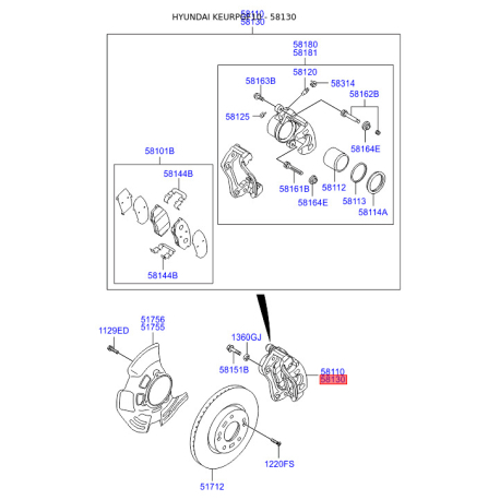 Суппорт тормозной в сборе правый 58130-3S250 Mobis - 581303S250 - схема с каталога 58130, KEURPGF10 581303S250