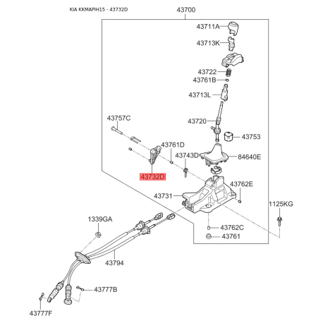 Корпус (крышка, кронштейн) рычага переключения передач в салоне 43730-0U100 Mobis - 437300U100 - схема с каталога 43732D 437300U100