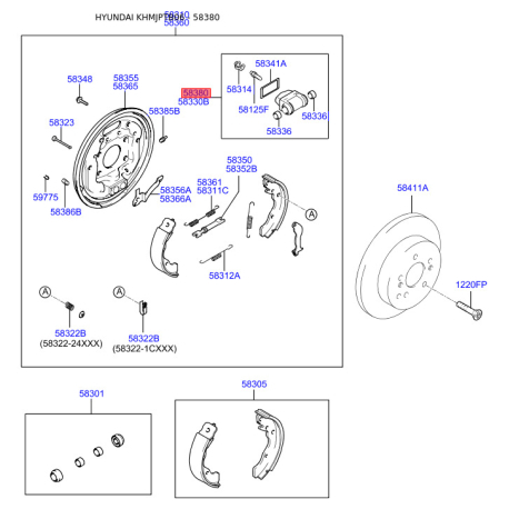 Цилиндр тормозной задний правый 58380-25300 Mobis - 5838025300 - схема с каталога 58380, KHMJPTB06 5838025300