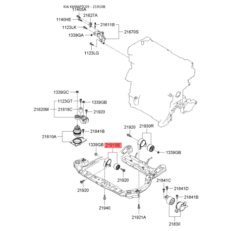 Подушка двигателя 21910-1G100 Mobis - 219101G100 - схема с каталога 21910B, KKMAPTC05 219101G100