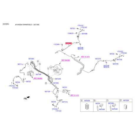 Шланг гальмівний правий 58738-1R000 Mobis - 587381R000 - схема з каталогу 58738E, KHMAPSB15 587381R000