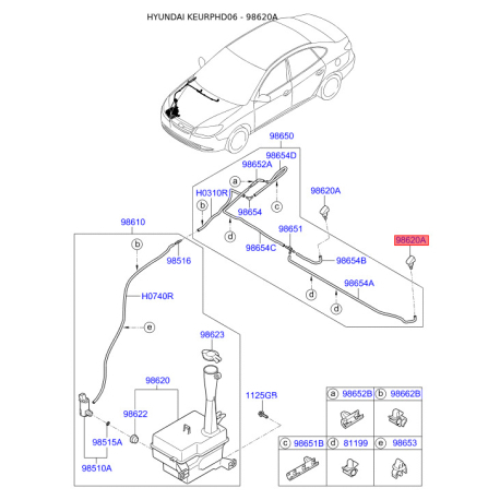 Форсунка (распылитель) омывателя ветрового стекла 98630-2H500 Mobis - 986302H500 - схема с каталога 98620A, KEURPHD06 986302H500