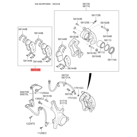 Колодки тормозные дисковые комплект S5810-11DE00 Mobis - S581011DE00 - схема с каталога 58101B, KEURPUN06 S581011DE00