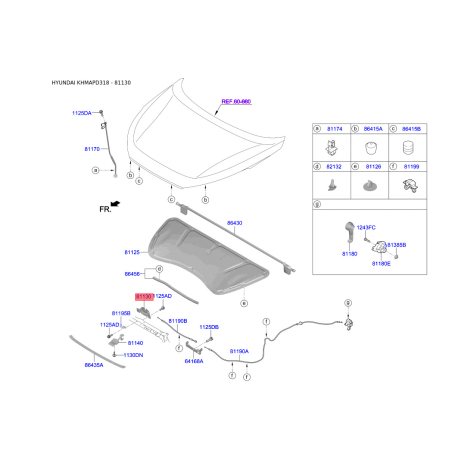 Замок капота 81130-D3100 Mobis - 81130D3100 - схема с каталога 81130, KHMAPD318 81130D3100
