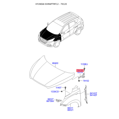 Петля капота права 79120-2S000 Mobis - 791202S000 - схема з каталогу 79120, KHMAPTMF12 791202S000