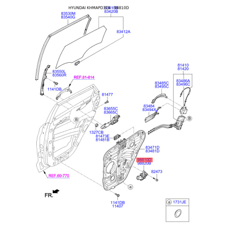 Электродвигатель, стеклоподъемник левый 83450-D3000 Mobis - 83450D3000 - схема с каталога 98810D, KHMAPD318 83450D3000