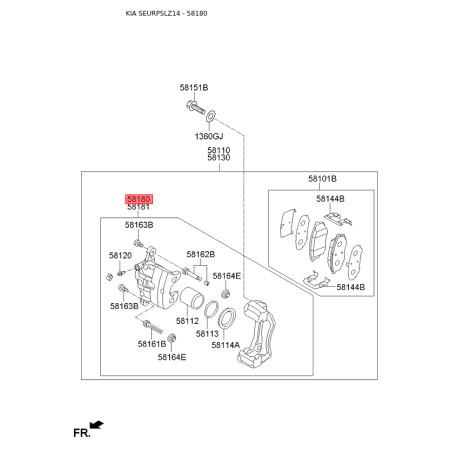Суппорт тормозной без колодок левый 58180-2SA51 Mobis - 581802SA51 - схема с каталога 58180, SEURPSLZ14 581802SA51