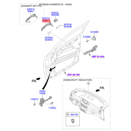 Ручка двери правая 82661-D3710 Mobis - 82661D3710 - схема с каталога 82661, KHMAPD318 82661D3710