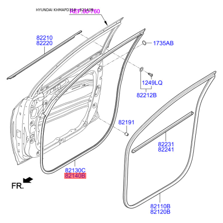Уплотнитель (уплотнение) двери правый 82140-D3000 Mobis - 82140D3000 - схема с каталога 82140B, KHMAPD318 82140D3000