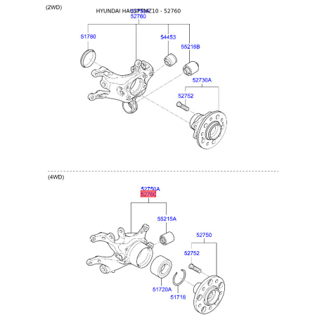 Кулак задній правий 52720-2S100 Mobis - 527202S100 - схема з каталогу 52760, HAUSPTMZ10 527202S100