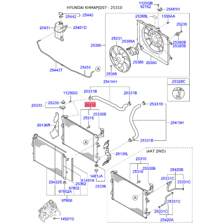 Радиатор охлаждения двигателя 25310-2H000 Mobis - 253102H000 - схема с каталога 25310, KHMAPJD07 253102H000