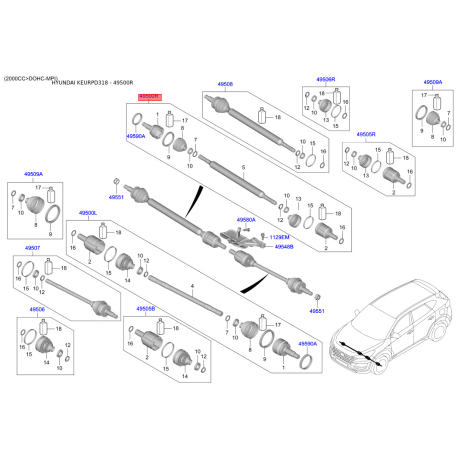 Полуось (приводной вал) правая 49501-D3030 Mobis - 49501D3030 - схема с каталога 49500R, KEURPD318 49501D3030