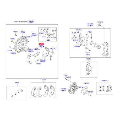 Система тяг та важелів, гальмівна система права 58370-1C000 Mobis - 583701C000 - схема з каталогу 58370, IEURPTBI07 583701C000