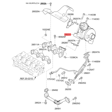 Турбокомпрессор 28231-2F001 Mobis - 282312F001 - схема с каталога 28231, SEURPSLZ14 282312F001