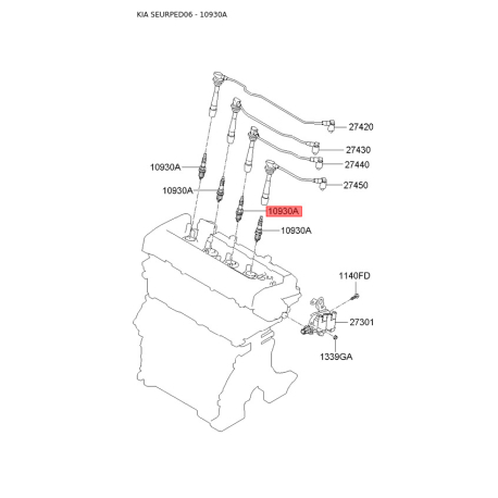 Свічка запалювання 18829-11050 Mobis - 1882911050 - схема з каталогу 10930A, SEURPED06 1882911050