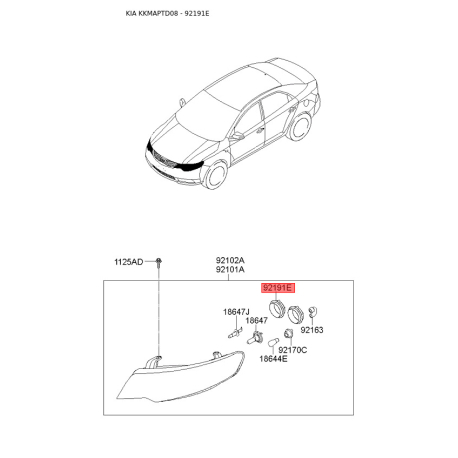 Вставка фары, основная фара 92191-1M000 Mobis - 921911M000 - схема с каталога 92191E, KKMAPTD08 921911M000