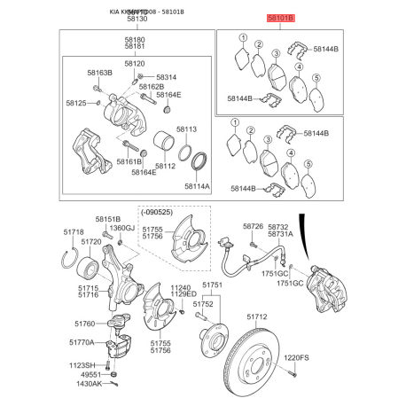 Колодки гальмівні дискові комплект 58101-1MA21 Mobis - 581011MA21 - схема з каталогу 58101B, KKMAPTD08 581011MA21