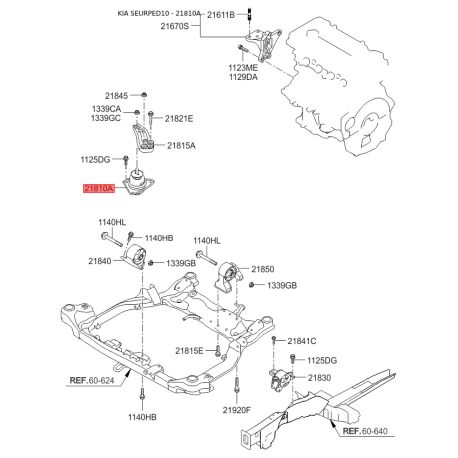 Подушка двигуна 21810-0Q000 Mobis - 218100Q000 - схема з каталогу 21810A, SEURPED10 218100Q000