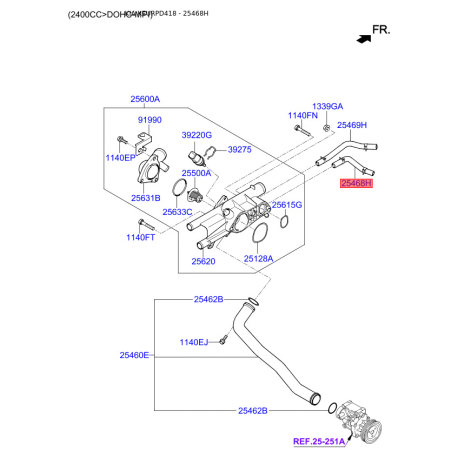 Шланг (патрубок) системи охолодження 25468-2G201 Mobis - 254682G201 - схема з каталогу 25468H, KEURPD418 254682G201