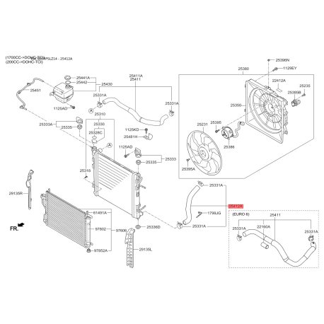 Шланг радіатора нижній 25412-2Y000 Mobis - 254122Y000 - схема з каталогу 25412A, SEURPSLZ14 254122Y000