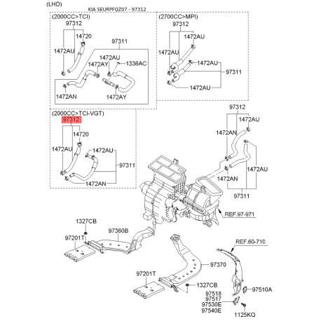 Шланг, теплообменник - отопление 97312-2E200 Mobis - 973122E200 - схема с каталога 97312, SEURPFQZ07 973122E200