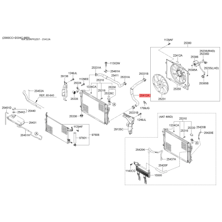 Шланг радіатора нижній 25412-2E100 Mobis - 254122E100 - схема з каталогу 25412A, SEURPFQZ07 254122E100