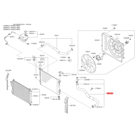 Шланг радіатора нижній 25412-2S000 Mobis - 254122S000 - схема з каталогу 25412A, SEURPSLZ14 254122S000