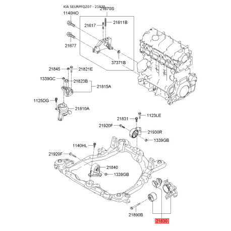 Подушка двигуна 21830-2E500 Mobis - 218302E500 - схема з каталогу 21830, SEURPFQZ07 218302E500