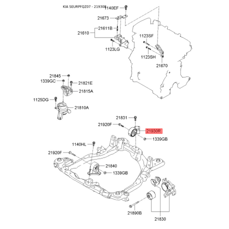 Подушка двигателя задняя 21930-2E300 Mobis - 219302E300 - схема с каталога 21930R, SEURPFQZ07 219302E300