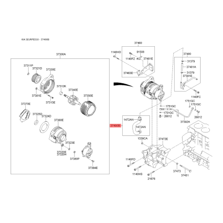 Насос вакуумний генератора та комплектуючі 37490-27010 Mobis - 3749027010 - схема з каталогу 37490B, SEURPED10 3749027010