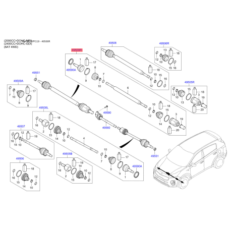 Полуось (приводной вал) правая 49501-D7050 Mobis - 49501D7050 - схема с каталога 49500R, SRUSPF119 49501D7050