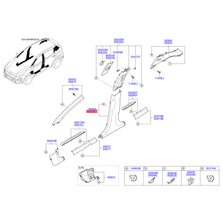 Обивка (накладка) салона левая нижняя 85835-D9500WK Mobis - 85835D9500WK - схема с каталога 85835C, KKMAPD919 85835D9500WK