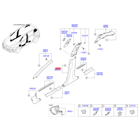 Оббивка (накладка) салону права нижня 85845-D9500WK Mobis - 85845D9500WK - схема з каталогу 85845, KKMAPD919 85845D9500WK