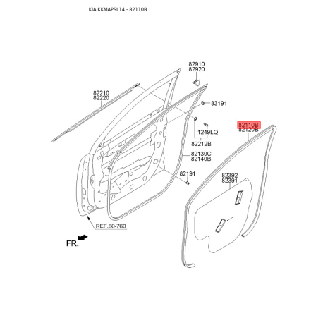 Уплотнитель (уплотнение) двери левый 82110-3W000 Mobis - 821103W000 - схема с каталога 82110B, KKMAPSL14 821103W000