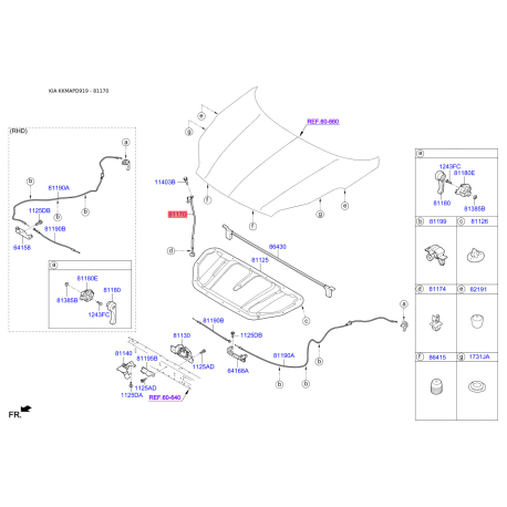 Упор капота и его крепление 81170-D9000 Mobis - 81170D9000 - схема с каталога 81170, KKMAPD919 81170D9000