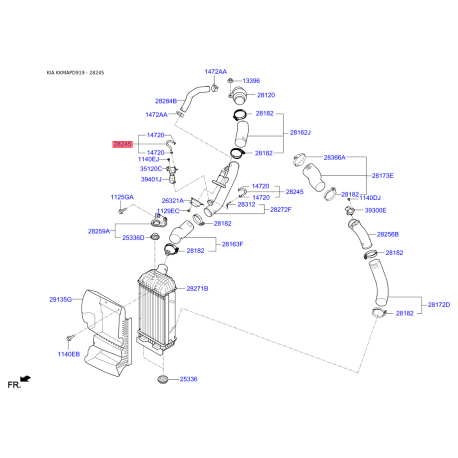 Шланг (патрубок) інтеркулера 28245-2GTA1 Mobis - 282452GTA1 - схема з каталогу 28245, KKMAPD919 282452GTA1