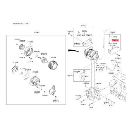 Насос вакуумный генератора и комплектующие 37481-27011 Mobis - 3748127011 - схема с каталога 37481A, SEURPED10 3748127011