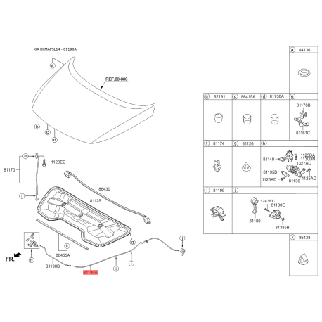 Тросик замка капота 81190-3W000 Mobis - 811903W000 - схема с каталога 81190A, KKMAPSL14 811903W000